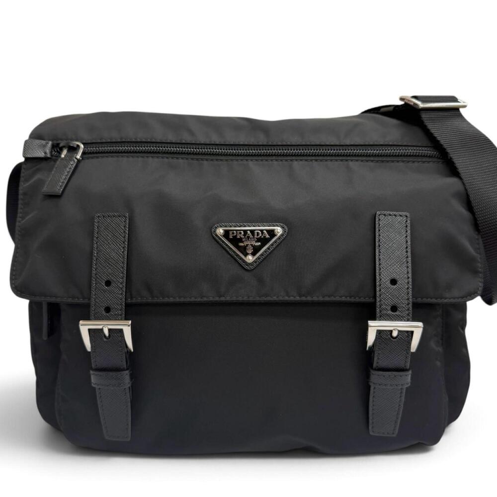 PRADA 1BD671 Recycled Nylon Triangle Logo Messenger Bag Shoulder Black Made i...
